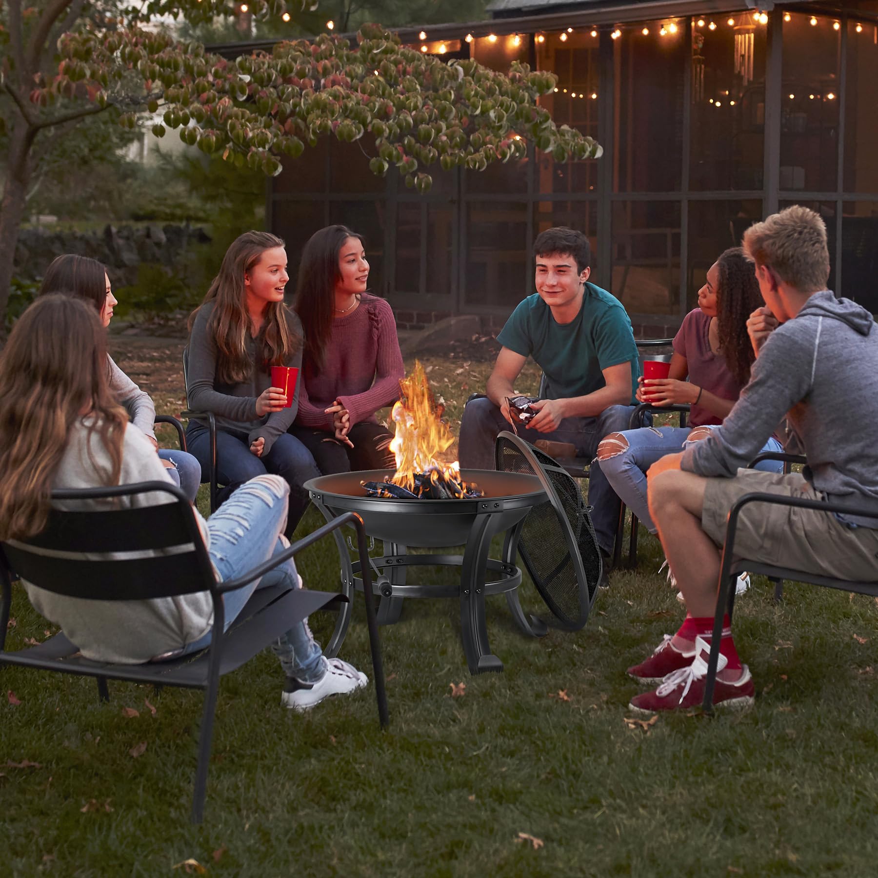 22Inches Fire Pit Outdoor Steel Wood Burning BBQ Grill Firepit Bowl Fireplace with Mesh Screen & Fire Poker, Log Grate - Bircata