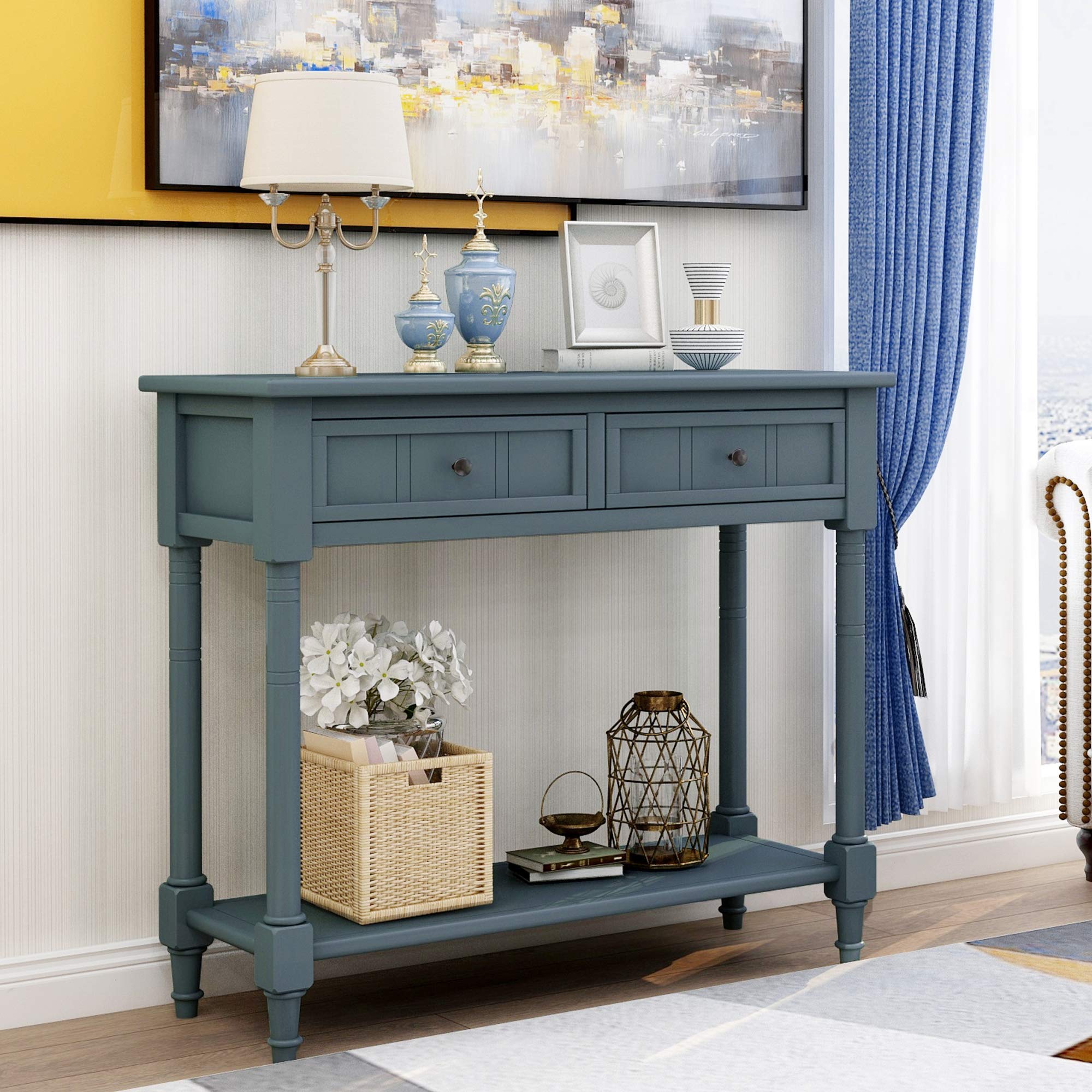 Navy Daisy Series Entryway Table with Storage Drawers and Bottom Shelf, 1 Set
