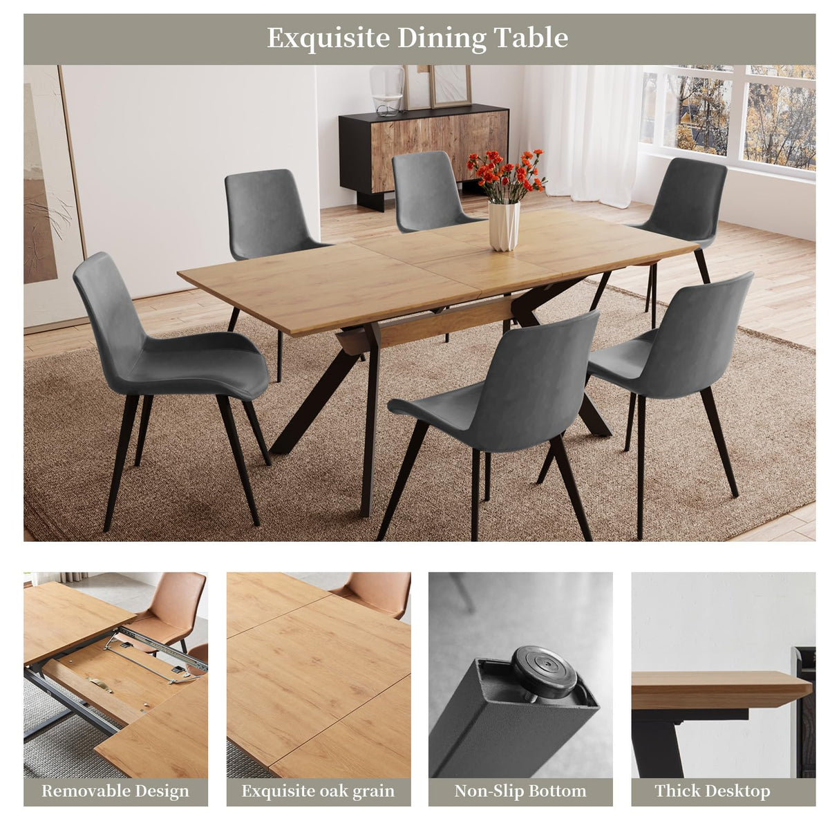 7 Piece Dining Table Set, 55'' to 71'' Extendable Rectangular Dining Table with 6 PU Dining