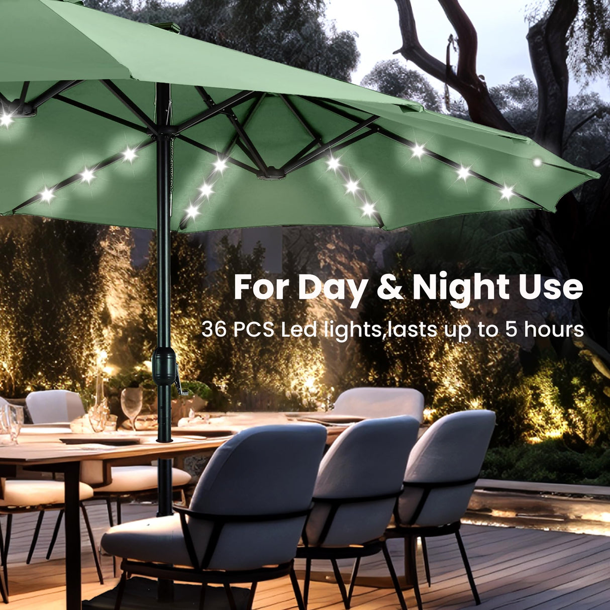 15ft Large Patio Umbrella with Solar Lights, Double-Sided Outdoor Market Rectangle Umbrellas with 36 LED Lights,