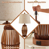 27" Vintage Bamboo Woven Table Lamps Set of 2 with USB Charging