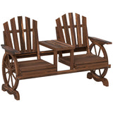 Wooden Garden Bench with Table, Umbrella Hole, 2-Seat Wagon Wheel Outdoor Bench