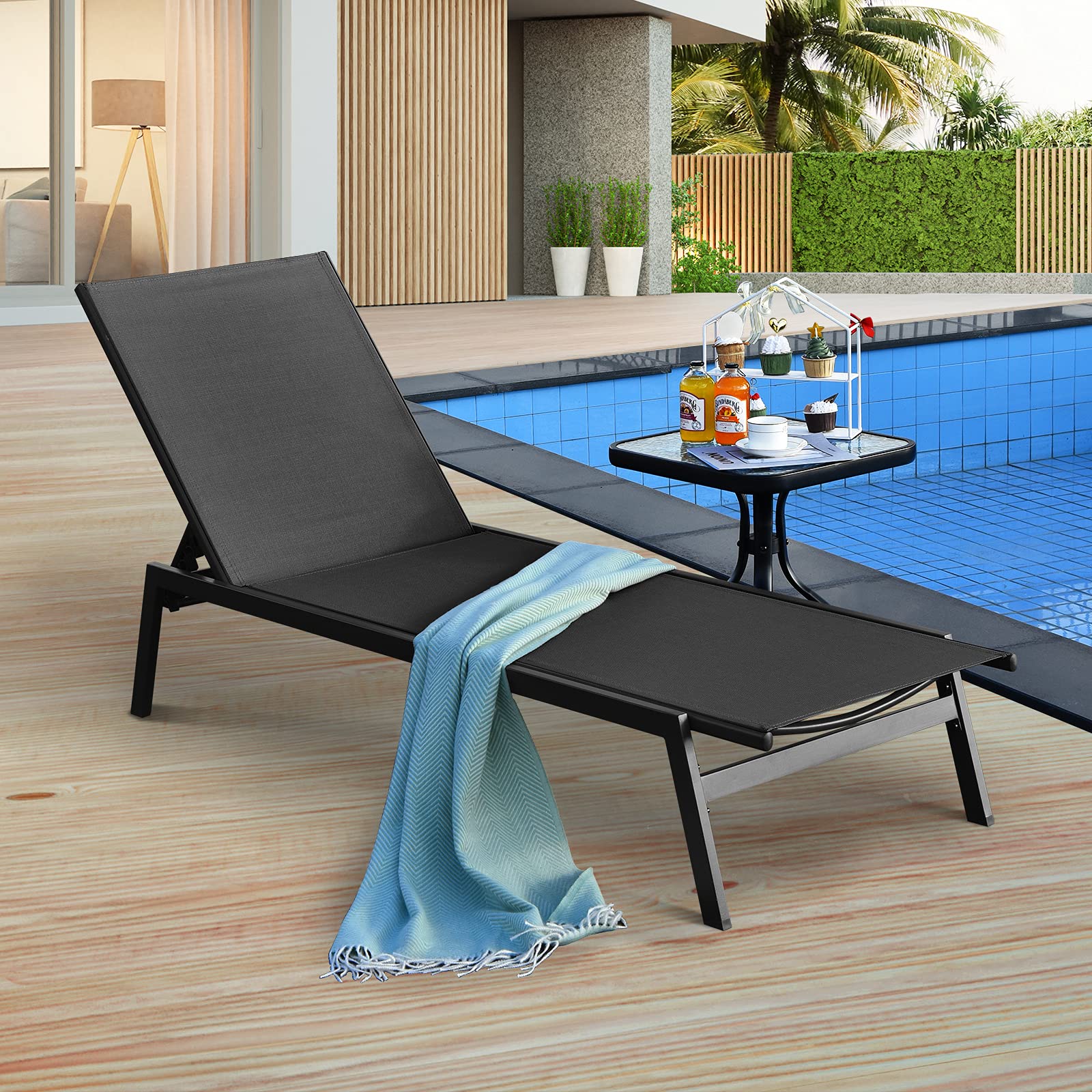 Outdoor Chaise Lounge Chair, 6-Position Adjustable Reclining Chair with Breathable