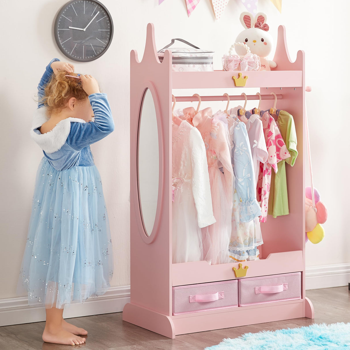 Kids Dress Up Storage with Mirror, Kids Armoire with Non-Woven Drawers