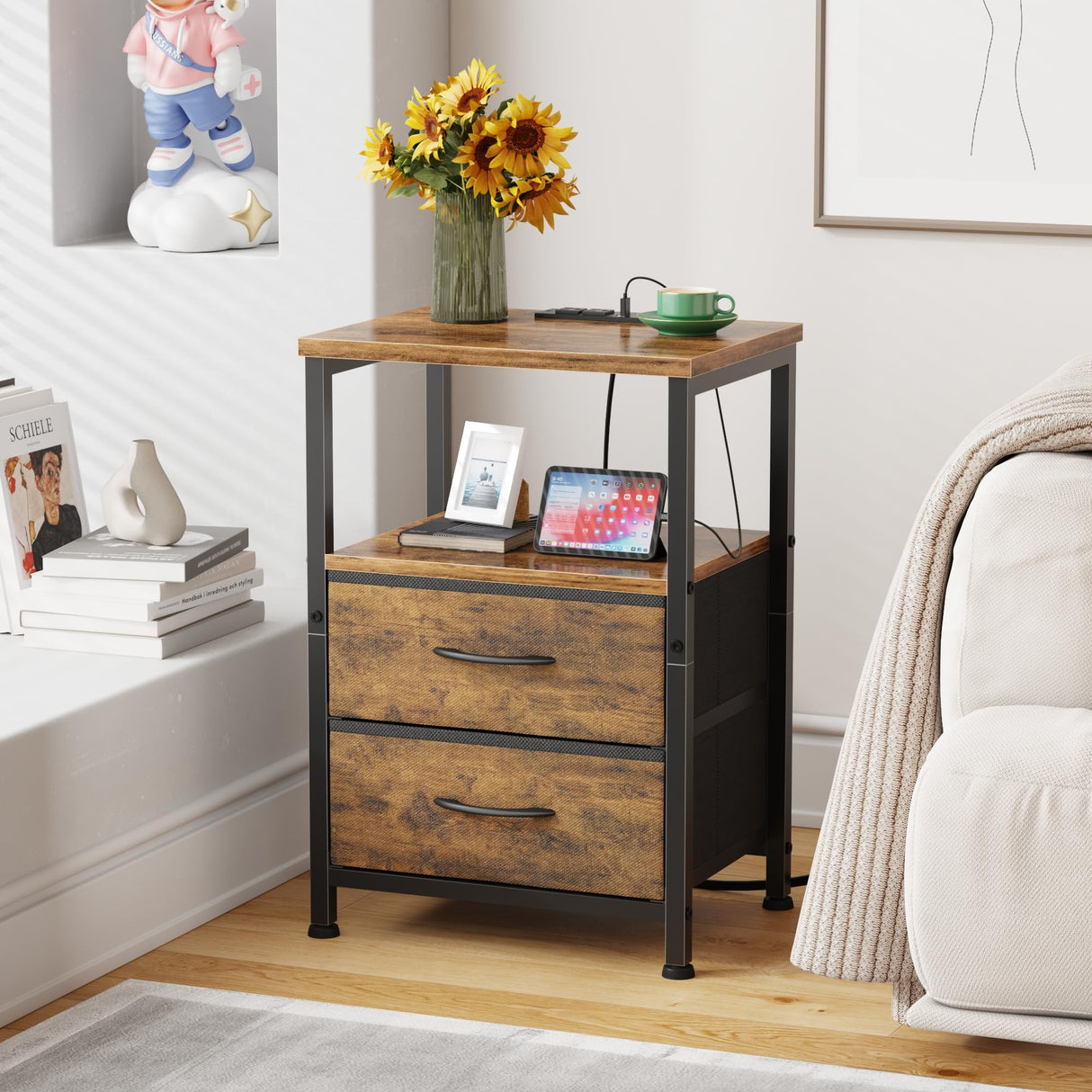 Night Stand with Charging Station and 2 Fabric Drawers, Side Table with Storage for Bedroom