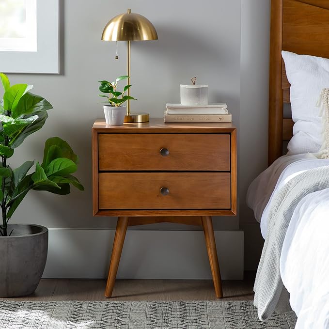 Mid-Century Modern 2-Drawer Solid Wood Nightstands Caramel Finish