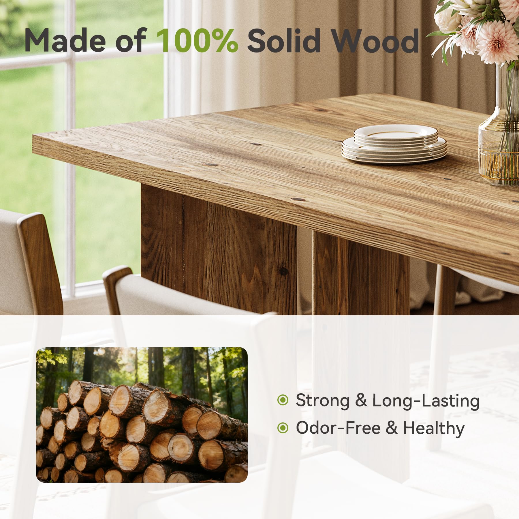 63-Inch Solid Wood Farmhouse Dining Table for 4-6