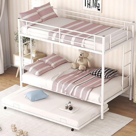 Triple Bunk Beds, Twin Over Full Bunk Bed with Trundle,Sturdy Steel Bunk Beds Frame for 3 Kids/Teens