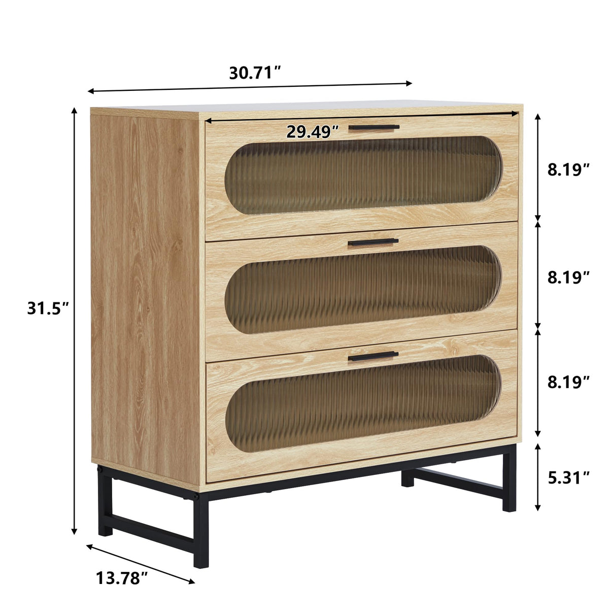 3 Drawers Dresser, Wooden dresser with Tempered Glass Drawers and Metal Handle