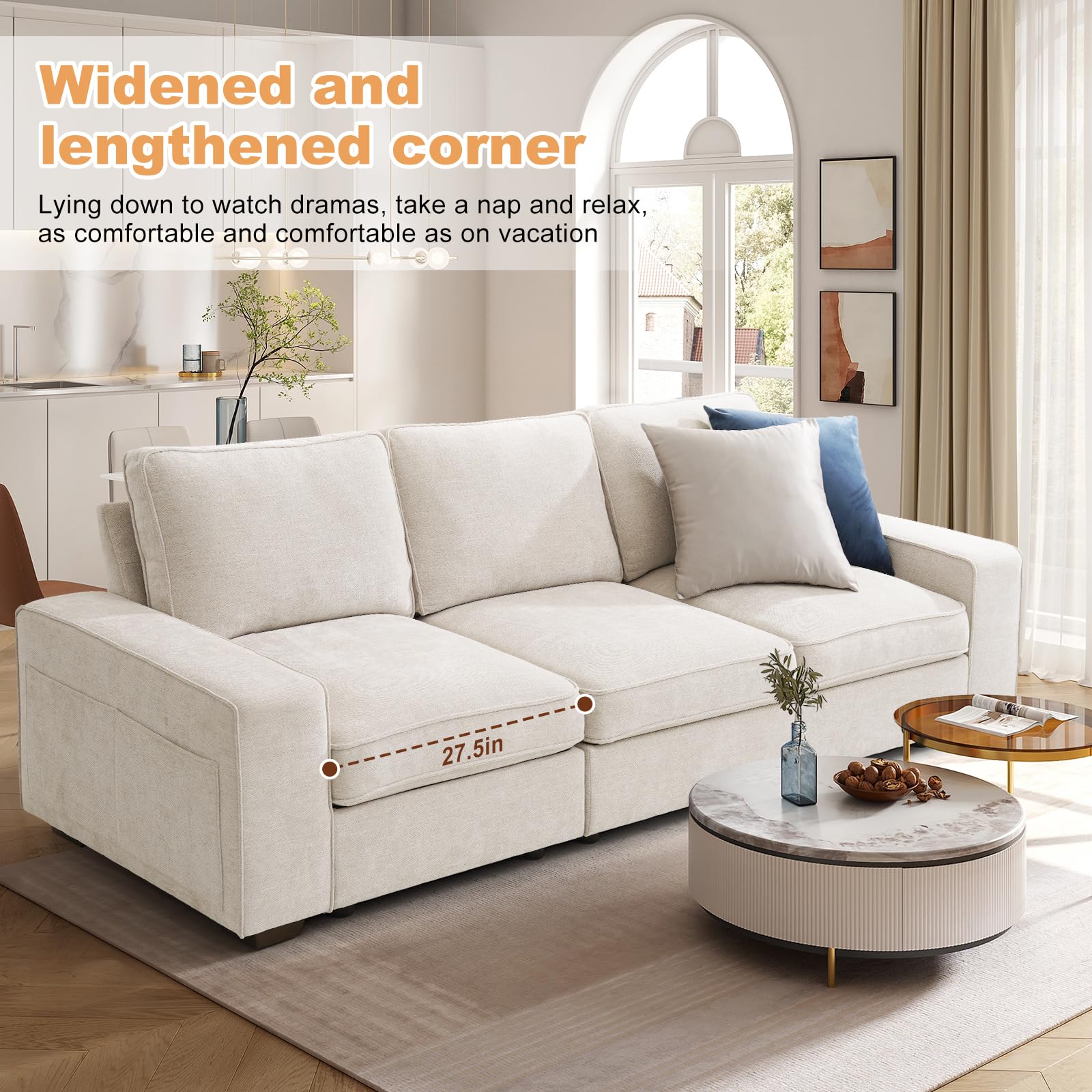 3 Seater Sofa Couch with Storage Layer, Removable and Washable Cushion Cover