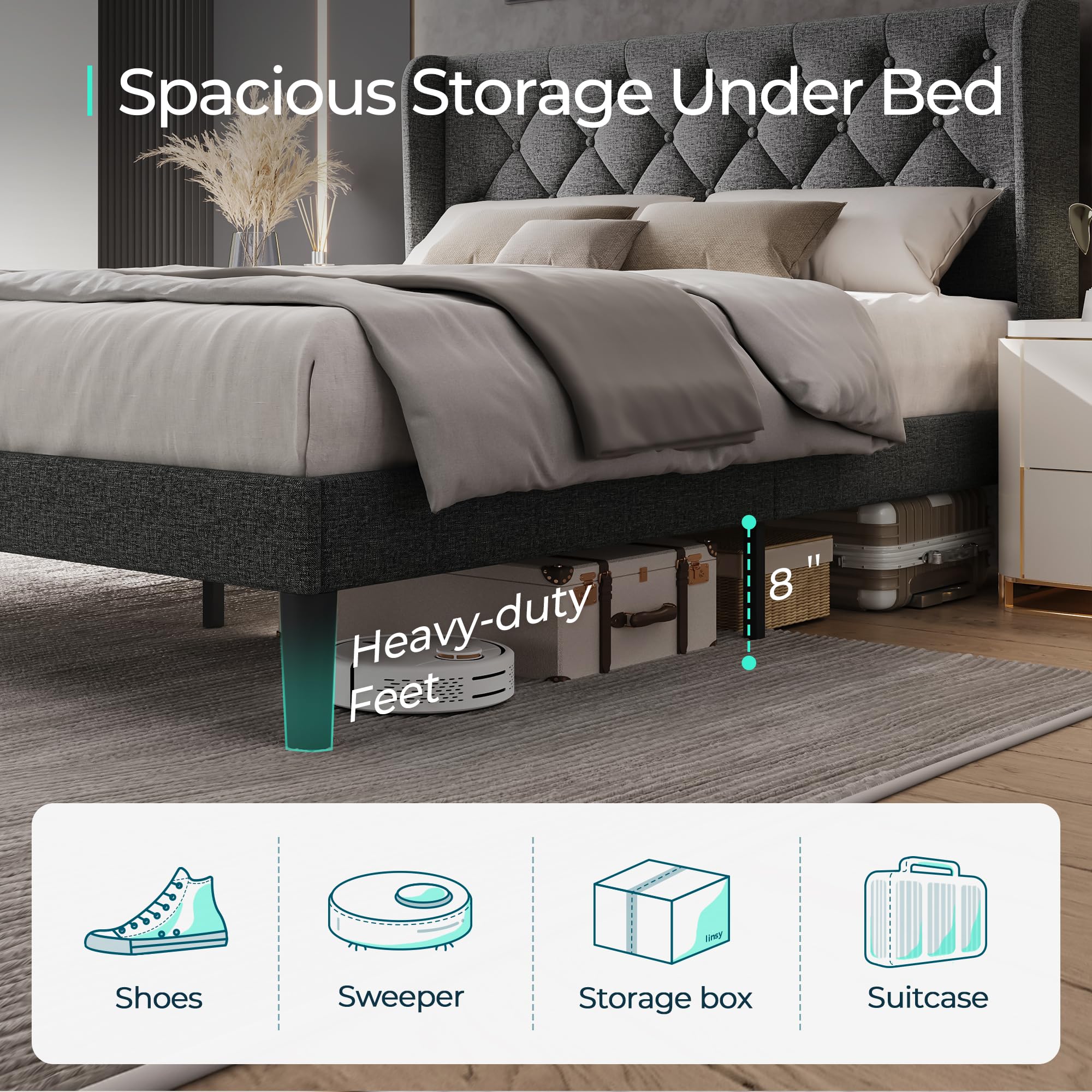 Full Size Bed Frame with Headboard, Linen Upholstered Bed Frame with Solid Wooden Slats Support,