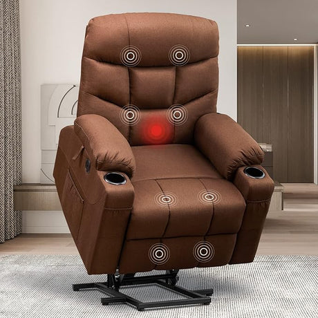 Lift Recliner Chair with Massage and Heat for Elderly, Remote Control,Plush Fabric Reclining Chairs for Seniors w/Cup Holder Side Pockets for Living Room (Beige)