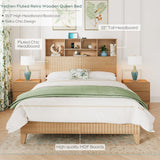 Retro Fluted Queen Bed with Storage Headboard & Charging Station, 55.5" Tall