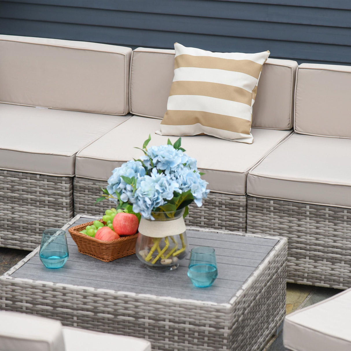 7-Piece Patio Furniture Set, Outdoor Wicker Conversation Set, All Weather PE Rattan Sectional Sofa Set with Cushions and Faux Wood Table, Stripe Pillows, Beige