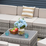7-Piece Patio Furniture Set, Outdoor Wicker Conversation Set, All Weather PE Rattan Sectional Sofa Set with Cushions and Faux Wood Table, Stripe Pillows, Beige