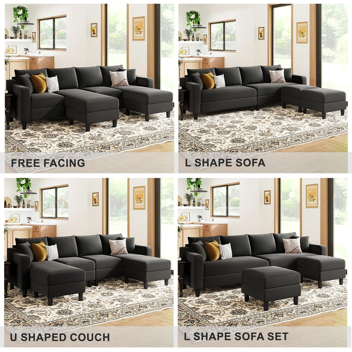 U Shaped Sectional Sofa Velvet Convertible Sofa with Reversible Chaises