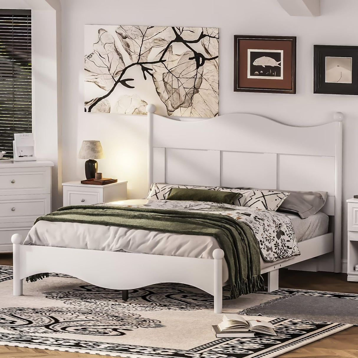 JIJIWANG Queen Size Elegant Design Wood Platform Bed Frame,Retro Style Platform Bed with Wooden Slat Support,for Kids Teens Adults Bedroom White