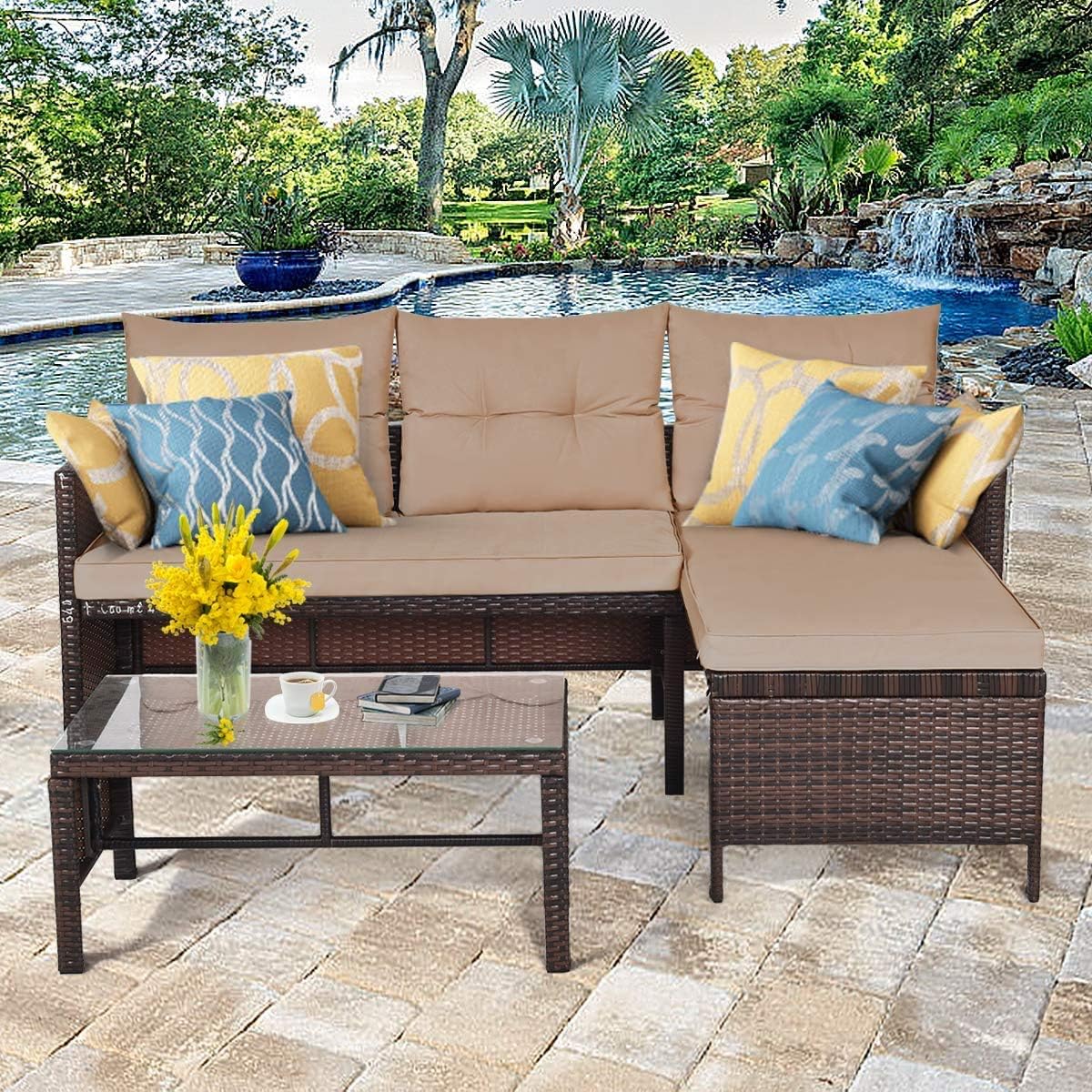3 PCs Outdoor Patio Sofa Set, Rattan Sofa Set with Coffee Table, Lounge Chaise