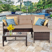 3 PCs Outdoor Patio Sofa Set, Rattan Sofa Set with Coffee Table, Lounge Chaise