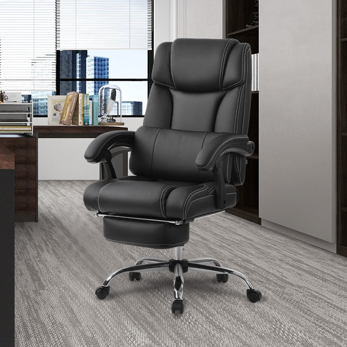 Office Chair PU Leather/Double Cushion/Support pad and Foot stools, Comfortable Seats,