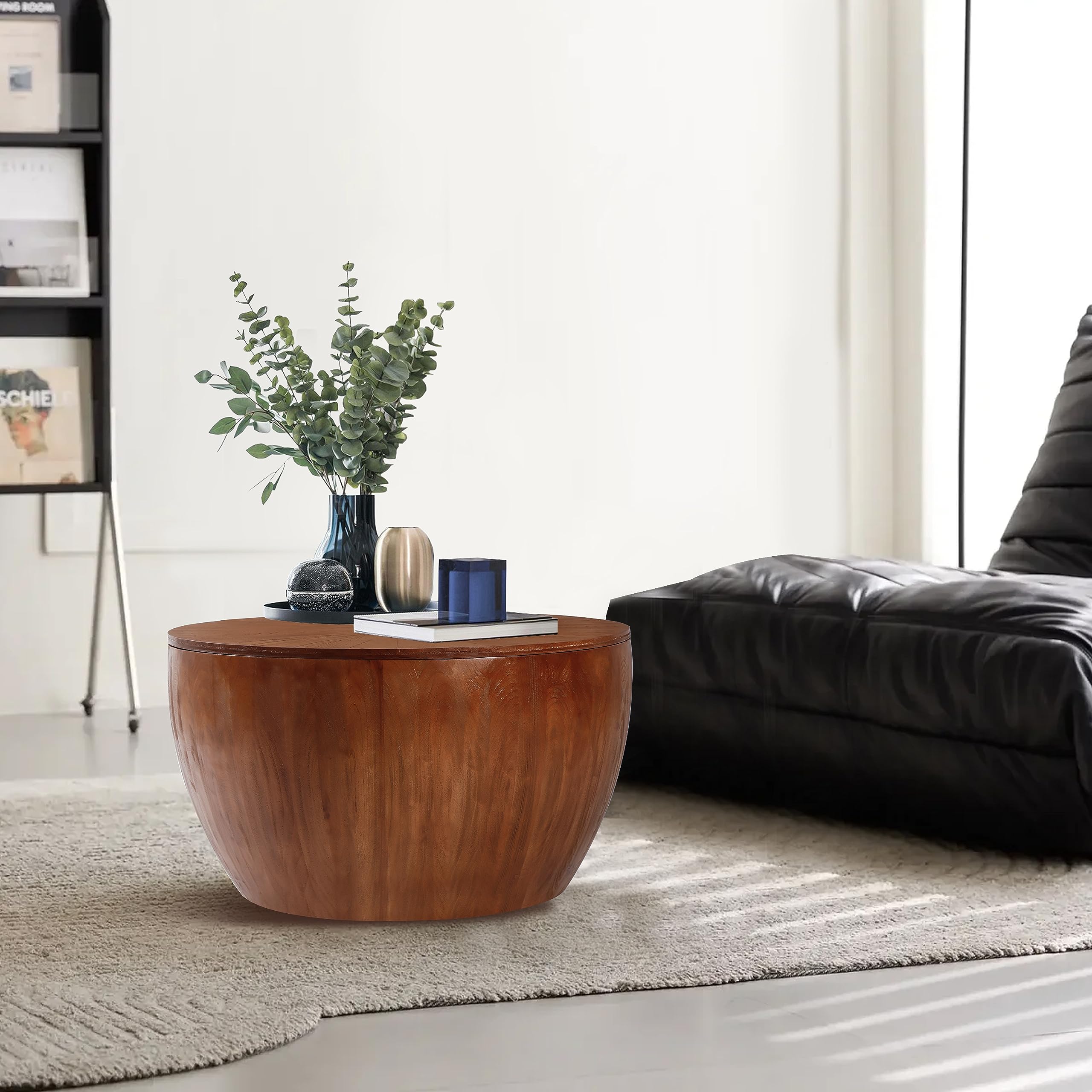 31.50" Vintage Style Bucket Shaped Coffee Table, Drum Coffee Table for Office