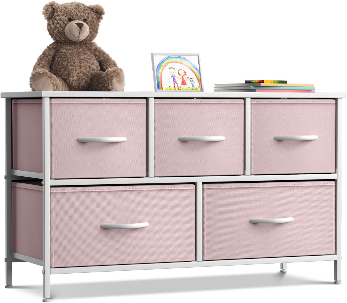 Kids Dresser with 5 Drawers - Storage Chest Organizer Unit with Steel Frame, Wood Top,