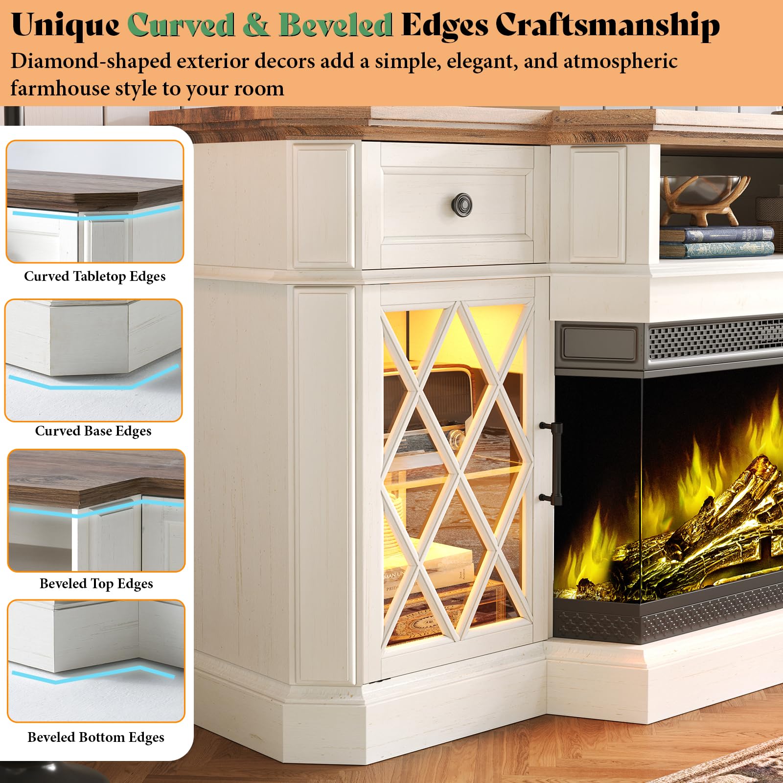 70" Farmhouse Fireplace TV Stand with LED Lights