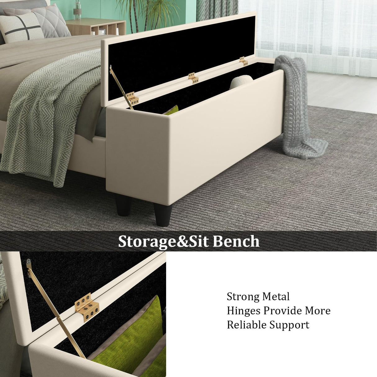 King Size Bed Frame with Headboard, USB Charging Station and LED Light, Footstool,