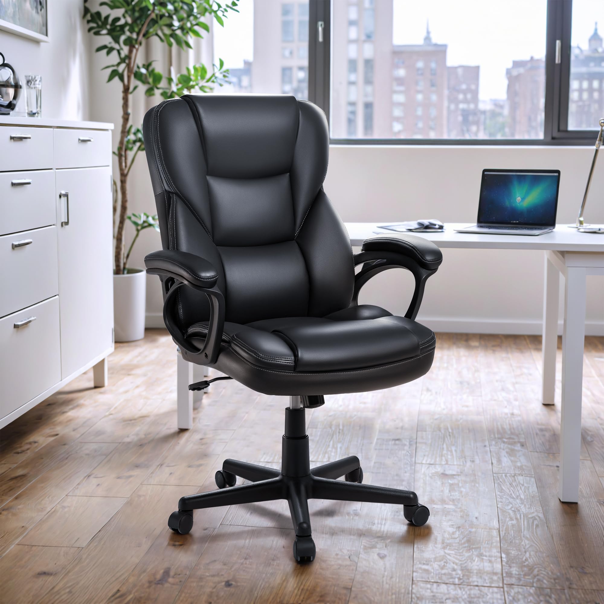 Office Chair High Back Managerial Home Desk Chair, Adjustable Swivel Computer PU Leather Chair with Lumbar Support (Black)