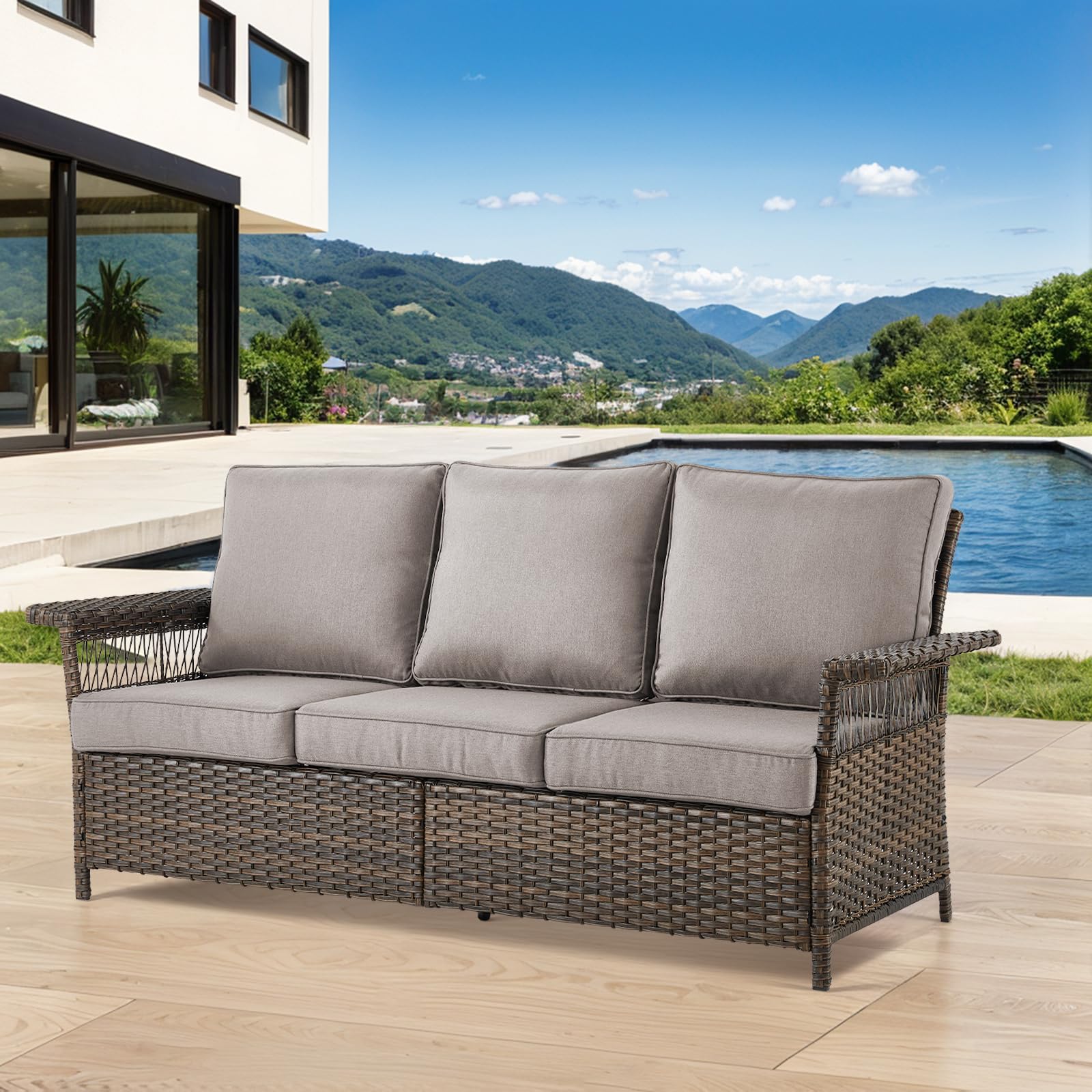 Patio Wicker Sofa 3-Seat Sofa Brown PE Rattan Couch
