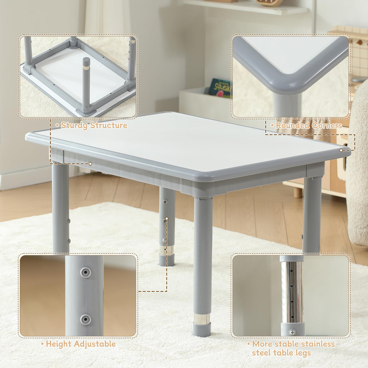 Todder Table and Chairs, 31.5''L x 23.6''W Sturdy Kids Activity Table with Stainless Steel Legs