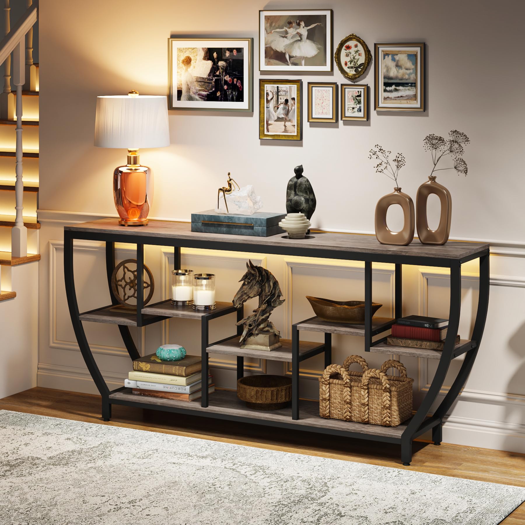 70.9 Inch Long Sofa Table with Shelves, Rustic Console Table with Storage,