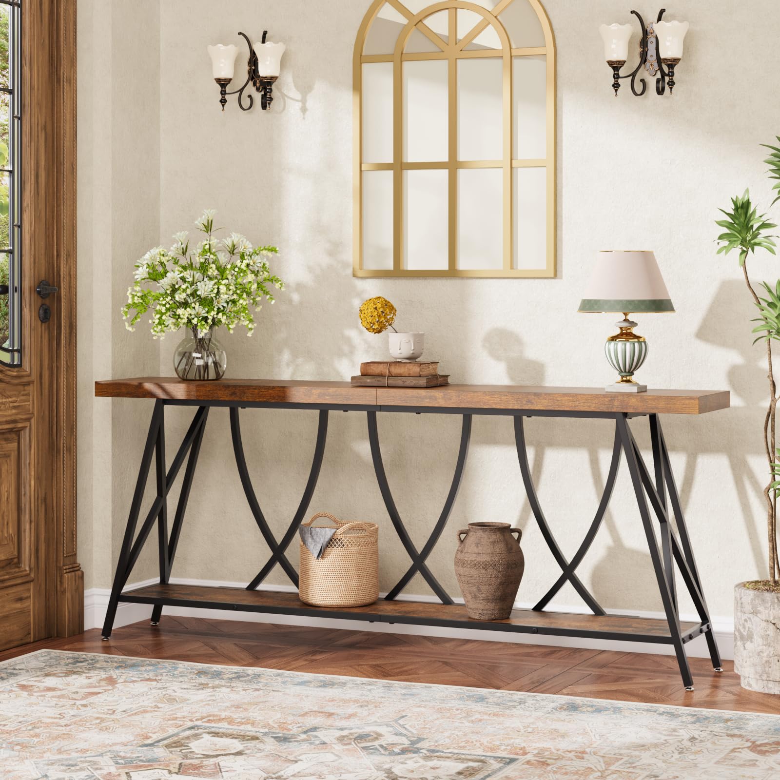 70.9" Narrow Console Table - Industrial Farmhouse Entryway Table with Storage