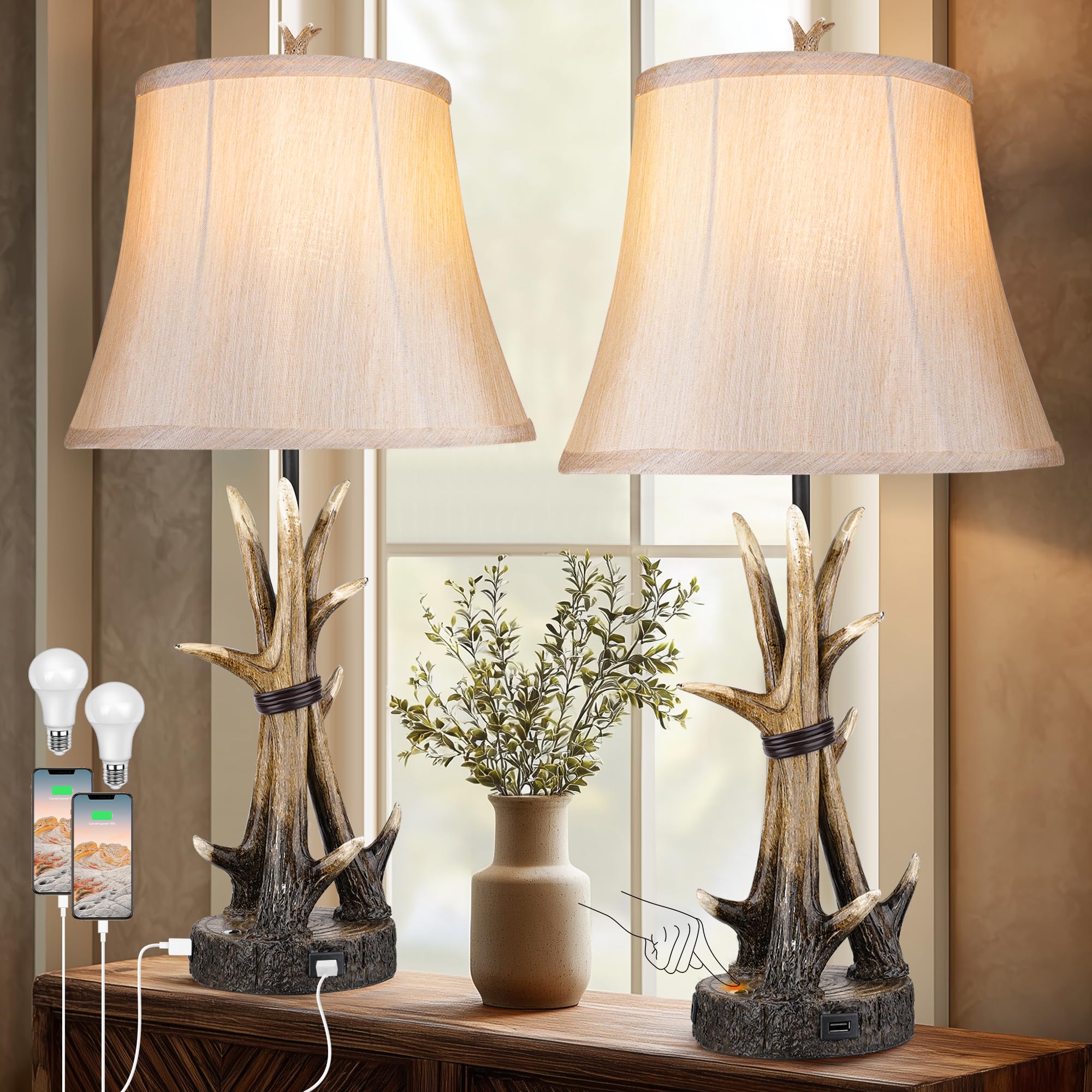 Rustic Antler Table Lamps Set of 2 with USB Charging Ports