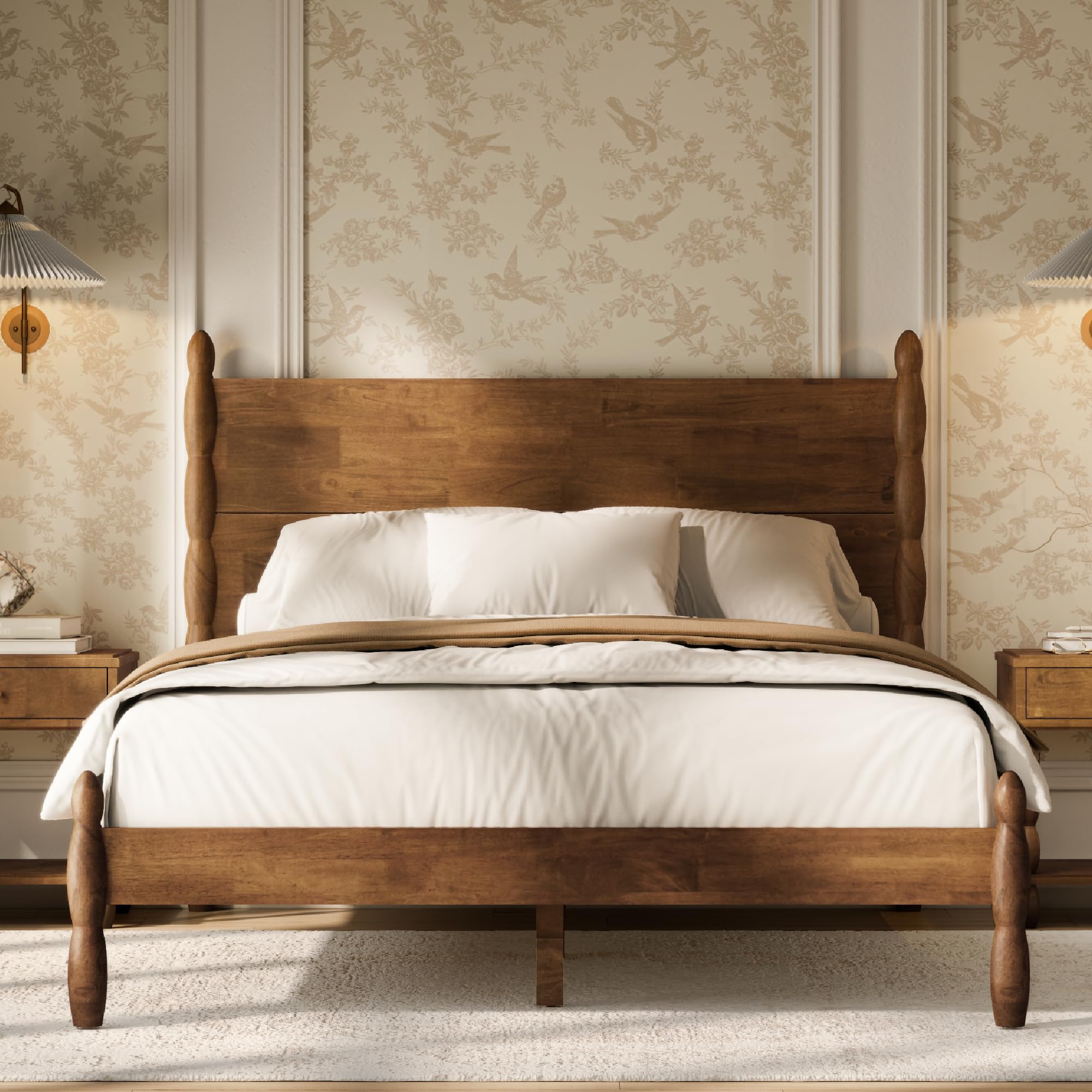 Queen Size Solid Wood Spindle Bed Frame with Four Posts - Walnut Finish