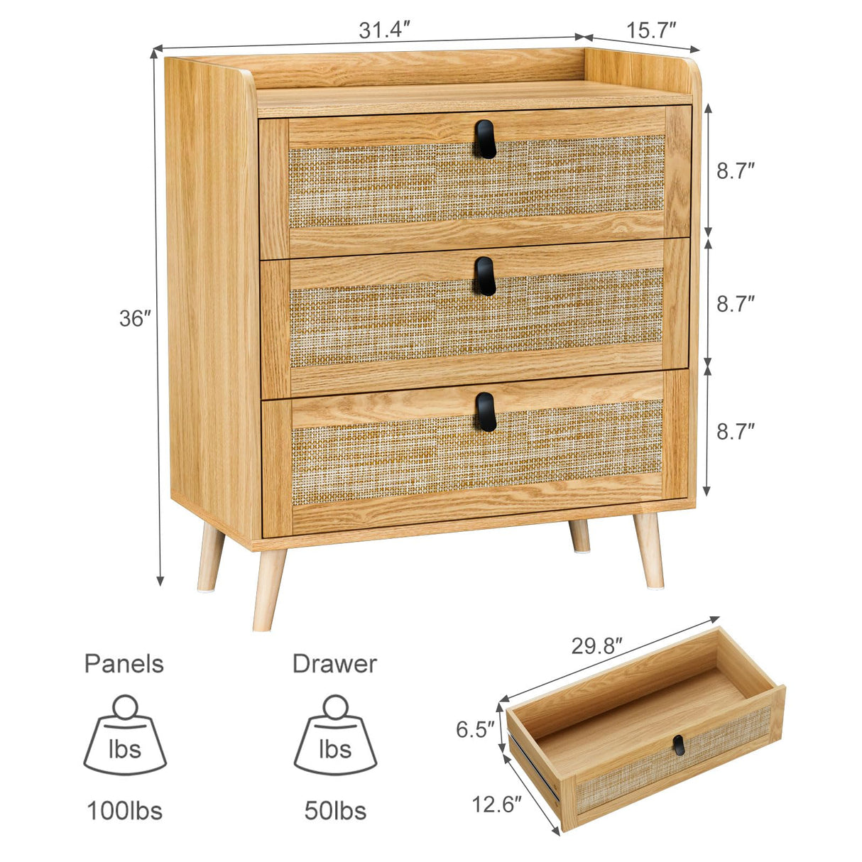 3 Drawer Rattan Dresser for Bedroom, Chest of Drawer, 3 Drawer Dresser