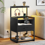 Night Stand Set 2 with Charging Station and LED Lights, Black Night Stand with Drawer