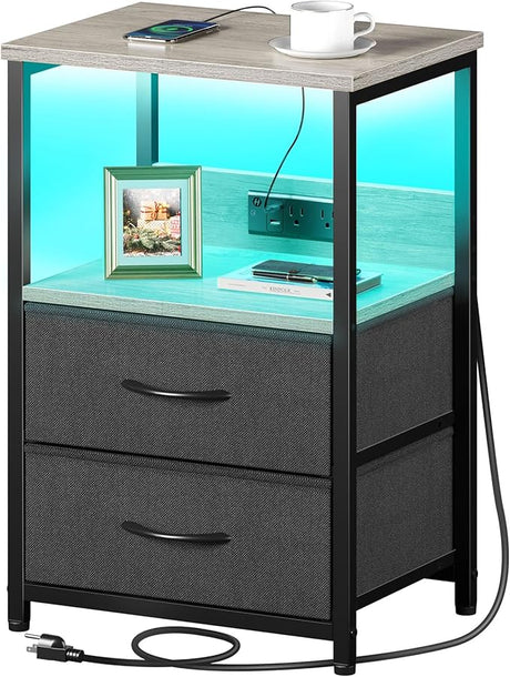 Nightstand Set of 1/2 with Charging Station, Bedside Table with LED Lights, Night Stand