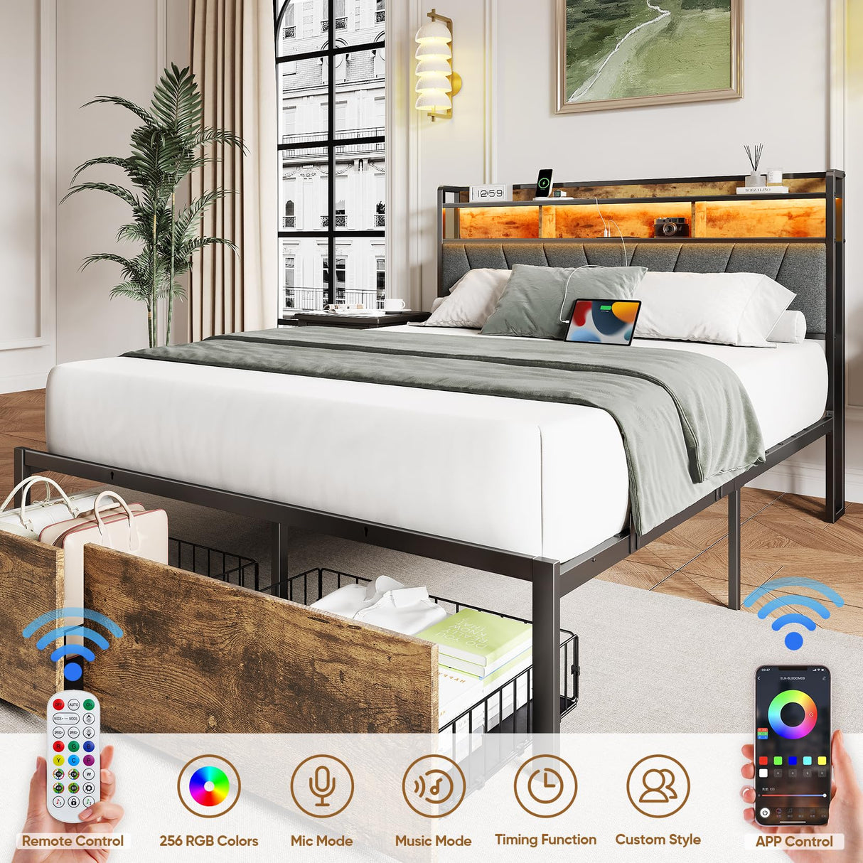 Queen Bed Frames, Metal Bed Frames with Charging Station, LED Lights Bed Frames