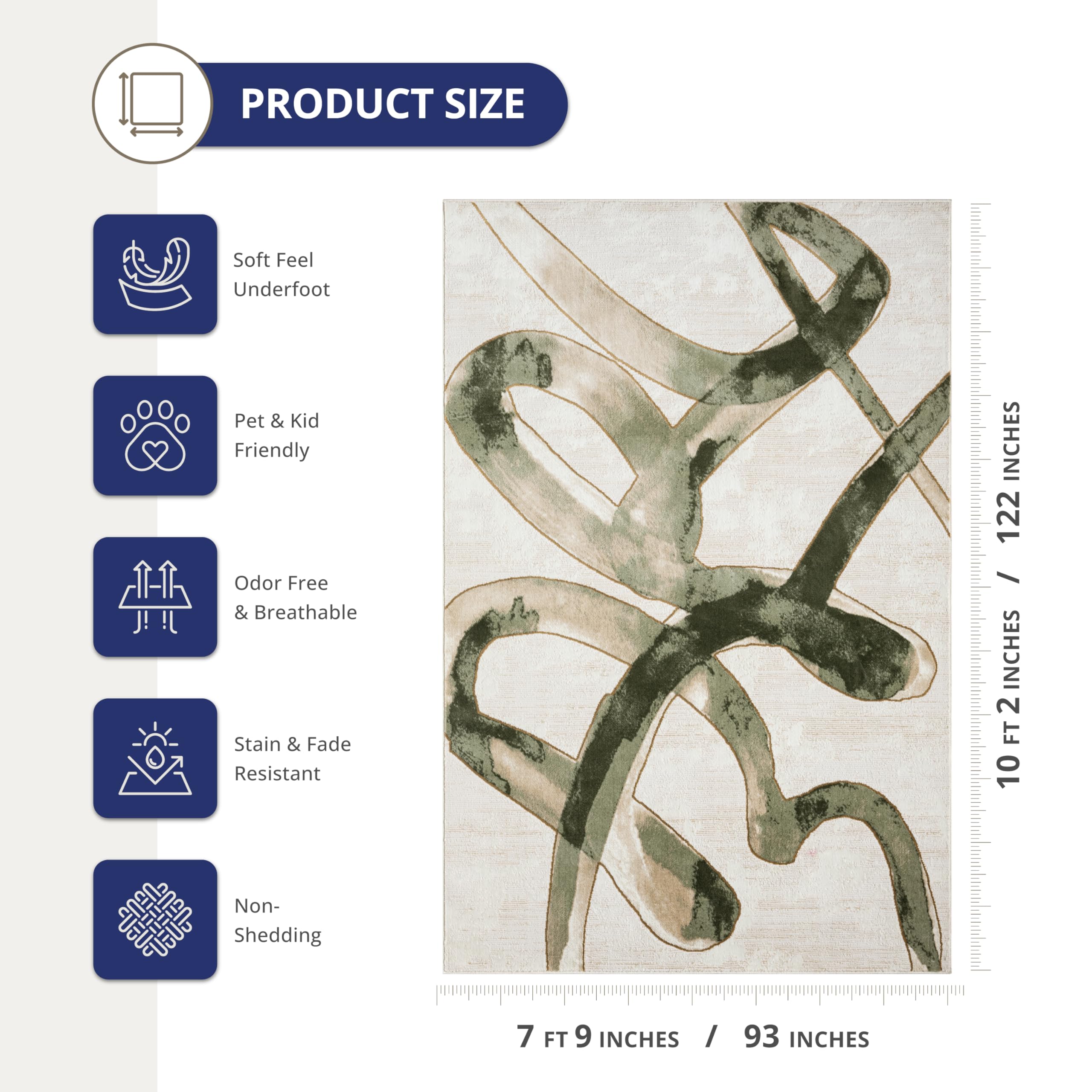 Abani Beige Cream Green Graffiti Washable Area Rug – 8' x 10' – Abstract Artistic Design – Ivy Collection – Non-Shedding, Easy to Clean – Durable for High Traffic Areas – Living Room & Bedroom