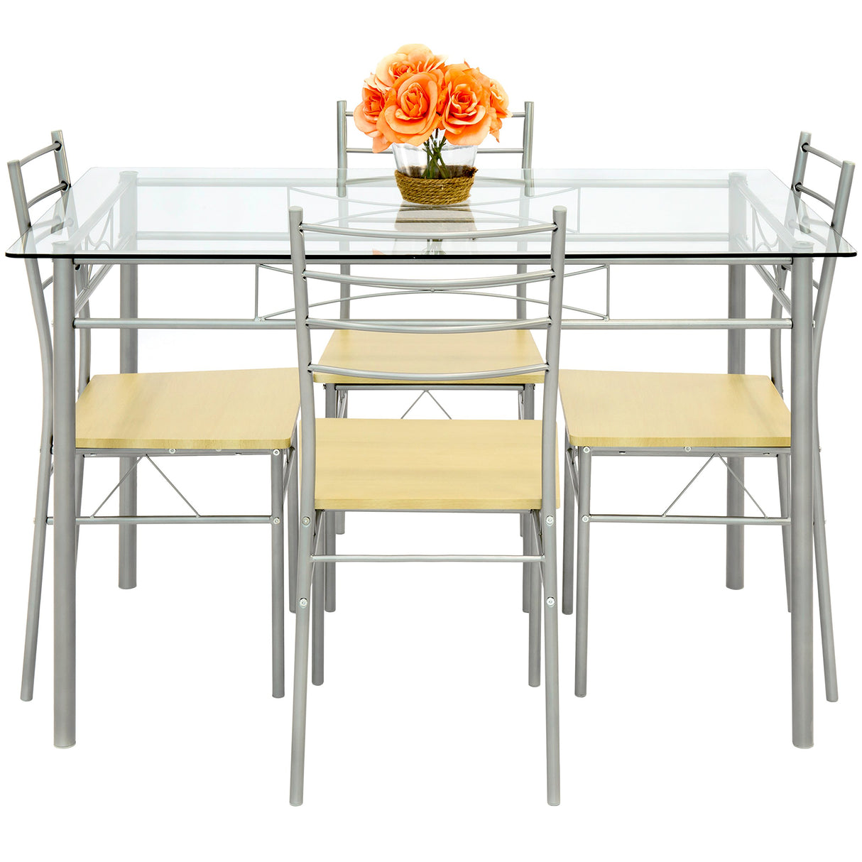 Best Choice Products 5-Piece Glass Top Dining Table Breakfast Set Furniture for Kitchen, Dining Room w/ 4 Chairs, Steel Frame - Silver