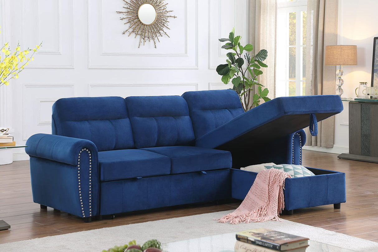 Ashton Blue Velvet Fabric Reversible Sleeper Sectional Sofa Chaise