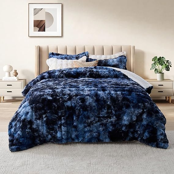 Faux Rabbit Fur Comforter Set Queen - Tie-Dye Brown