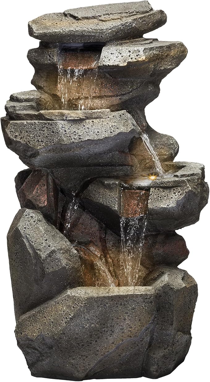 3-Tier Rock Waterfall Fountain with LED Lights for Garden, Patio, Yard, and Porch Decor,