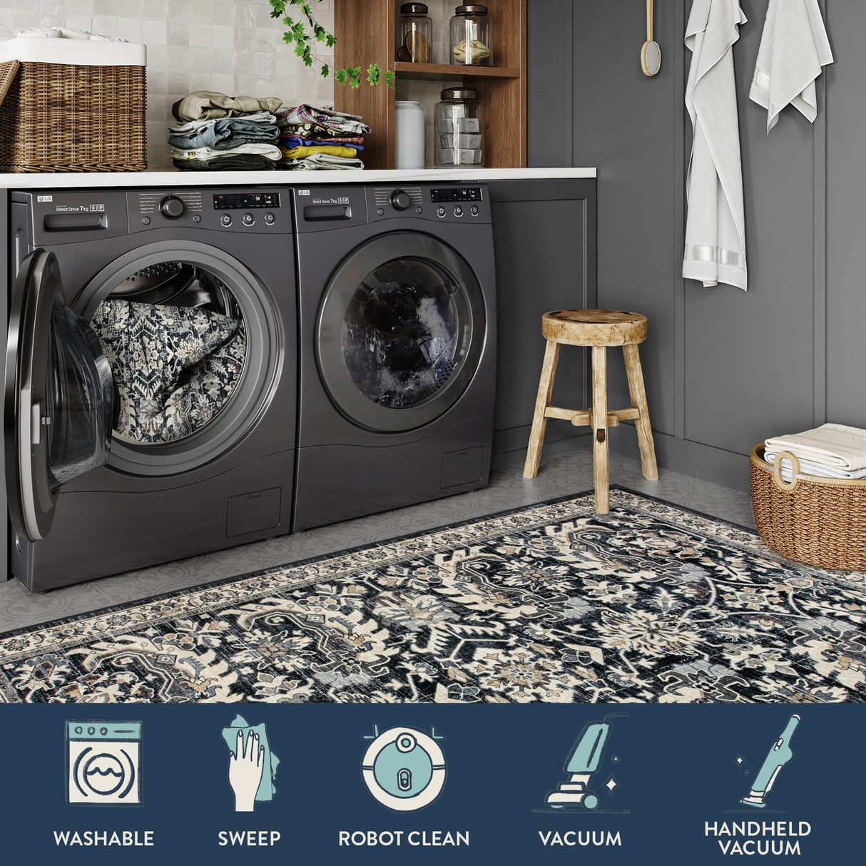 Black Living Room Rugs 8x10, Vintage Washable Grey Rug for Bedroom Dining Room,