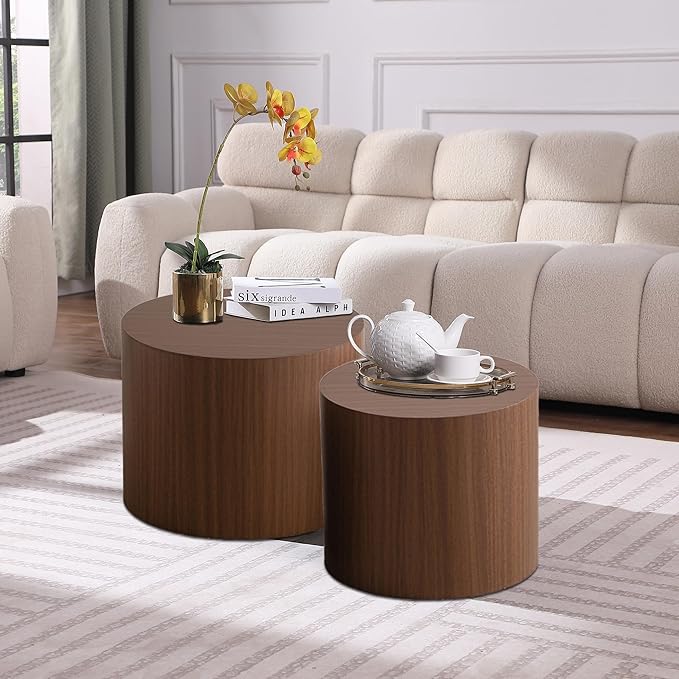 Round Nesting Coffee Table Set of 2 Modern Drum Coffee Table Side Table Storage