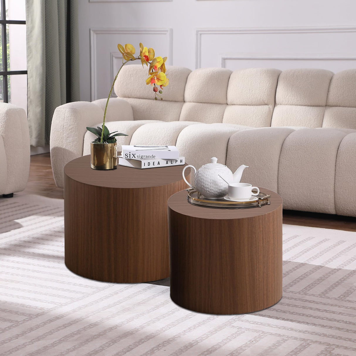 Round Nesting Coffee Table Set of 2 Modern Drum Coffee Table Side Table Storage