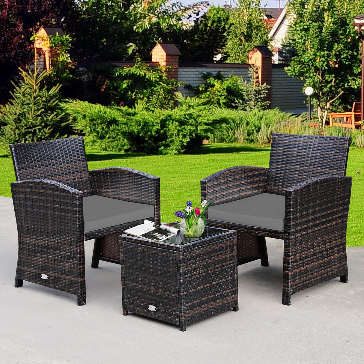 3-Piece Outdoor PE Rattan Furniture Set, Patio Conversation Set w/Chair & Storage Coffee Table