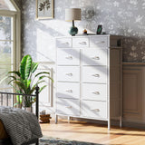 Dresser with Charging Station, 52-Inch Tall Dresser for Bedroom, Large Dresser with 11 Storage Drawers, Fabric Chest of Drawers for Living Room, White