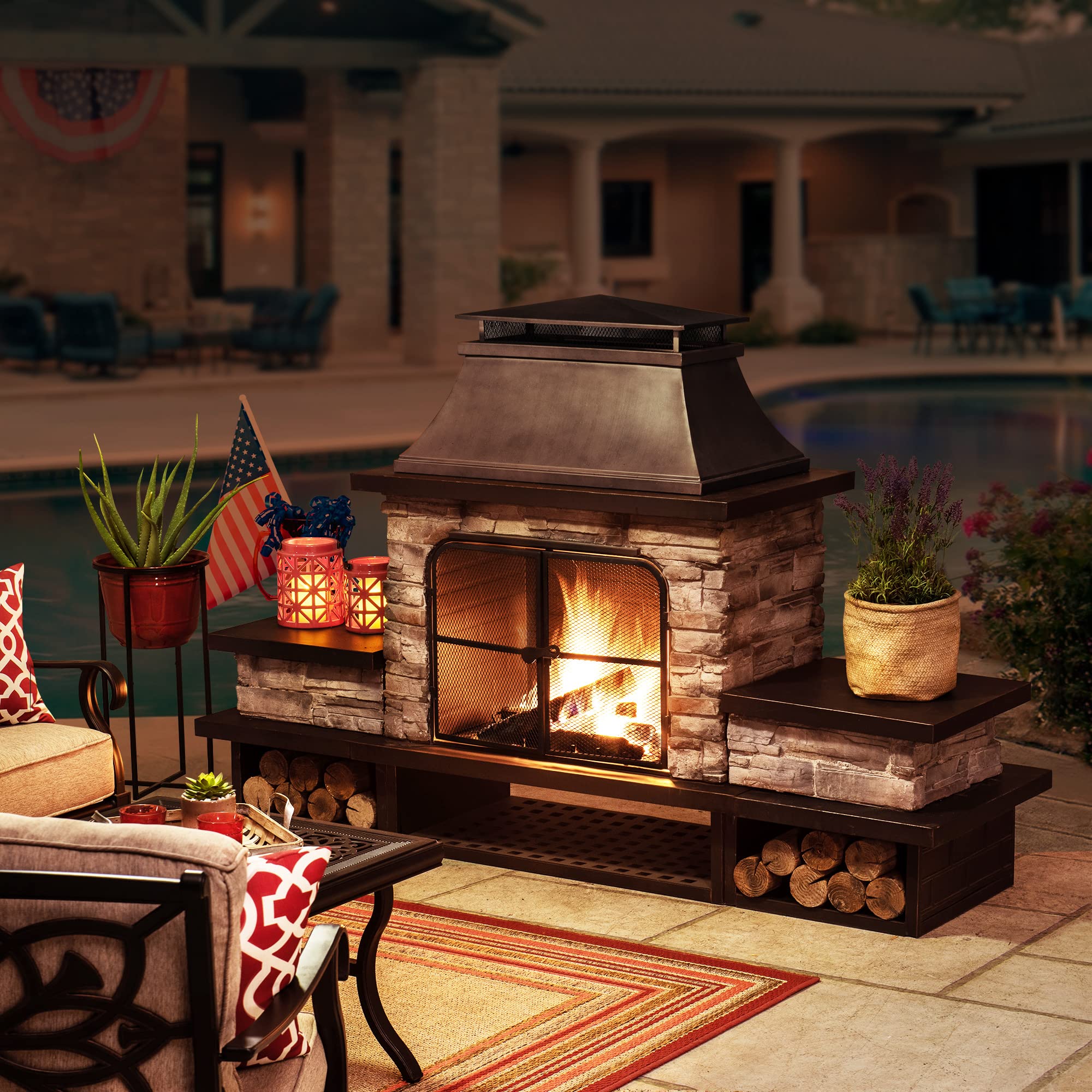 Outdoor Fireplace, Patio Wood Burning Fireplace with Steel Chimney